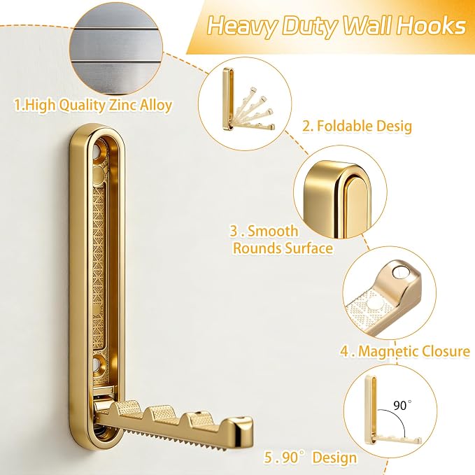 4.33 in Extended Folding Coat Hooks, 2 Pack Gold Wall Hooks, Zinc Alloy | 90° Foldable Design, Wall Mounted, Zinc Alloy, Flip-Down Design, Includes Screws And Anchors, For Bedroom, Entryway, Closet