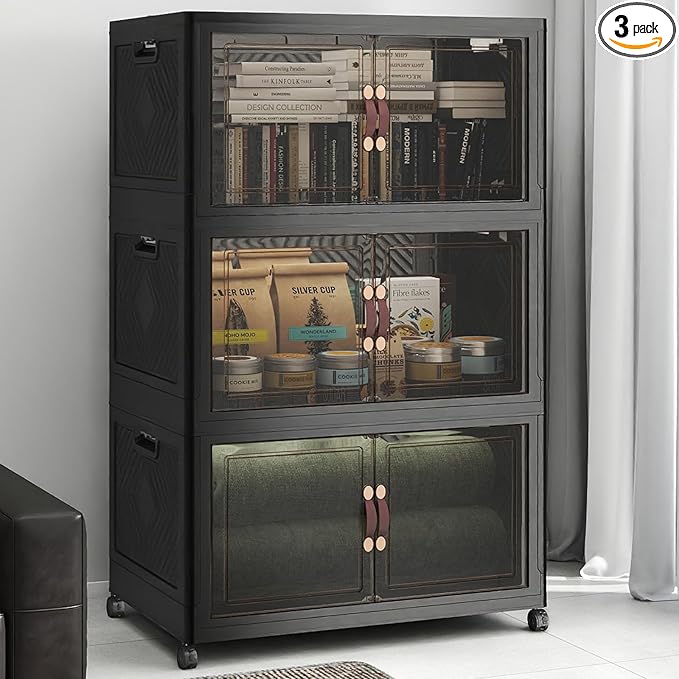 UAMFURI Stackable Storage Bins with Lids, 540QT Lockable Storage Cabinet | Folding Storage Box with Doors and Wheels, Collapsible Plastic Drawers for Home, Garage, Office