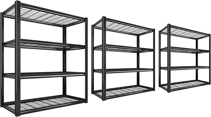 REIBII 40" W Storage Shelves with Wire Mesh Panels for Garage Organization | 560Lbs/tier, 40" W x 19.5" D x 59.5" H, Adjustable, 4-Tier, Double-Layer Frame, Rustproof Finish, for Basement Warehouse, 3Pc