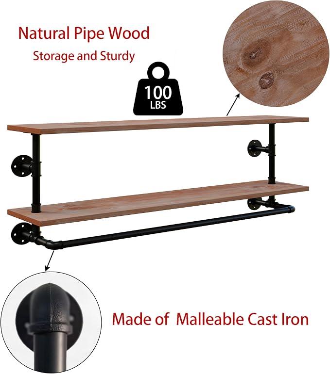 Clothes Rack 36/42/48in, Wall Mounted Garment Rack with Real Wood Shelf, Heavy Duty Hanging Clothes Rack, Multi-Purpose Hanging Rod, Space-Saving Closet Storage (1T36IN) (2T48IN)