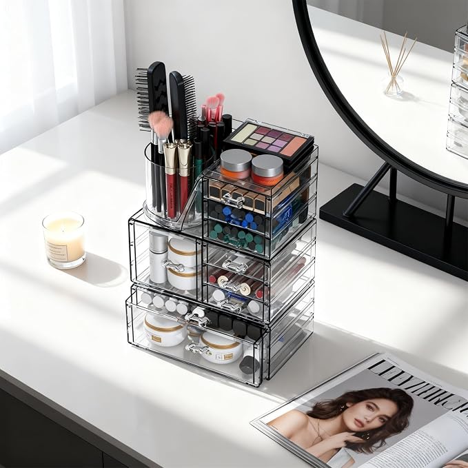 ShineMe Clear Makeup Organizer with 9 Drawers, 3 Tier Stackable Makeup Storage Organizer with Rotating Brush Holder, Acrylic Countertop Makeup Organizer for Vanity Skincare Jewelry Hair Accessories
