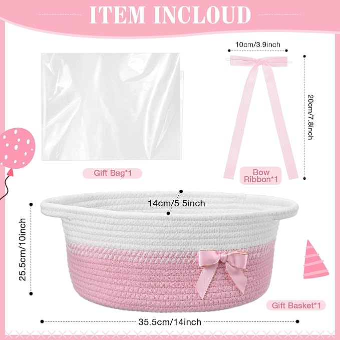 Colingmill 1 Set Woven Empty Basket for Gift,Pink White | with Cellophane Wrap Set, 14 x 10 x 5.5 Inch, Medium Decorative Gift Basket, Cotton Rope Storage Box, Home Decor