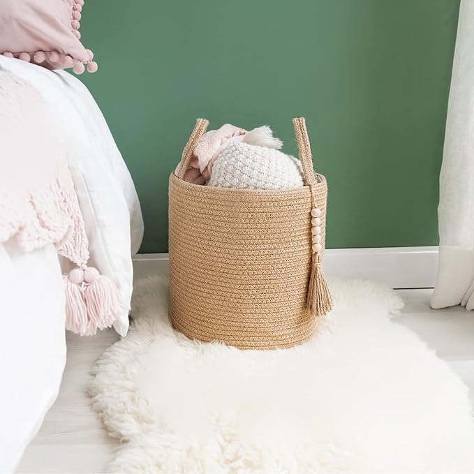Mkono Woven Storage Basket Decorative Natural Rope Basket Wooden Bead Decoration for Blankets,Toys,Clothes,Shoes,Plant Organizer Bin with Handles Living Room Home Decor (Brown, 28 x 28cm) | Brown, Jute, Decorative Basket with Handle, Wood Beads Tassel,...