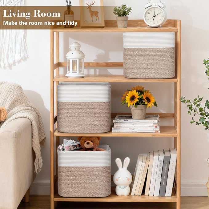 15×13 Inch Storage Cubes, 3 Pack Cube Storage Bins for Organizing, Cotton Rope Woven Baskets for Shelves, Bathroom, Kids Room, Closets, Baby Nursery