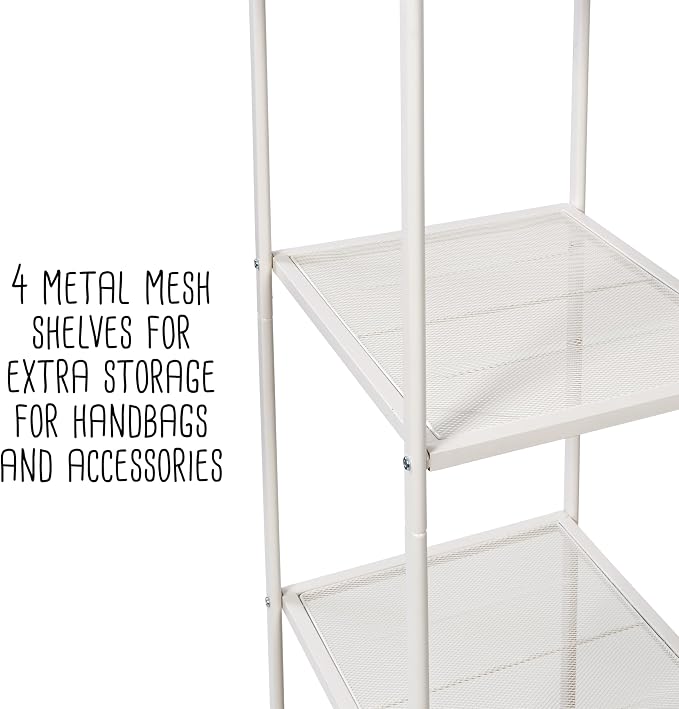 Honey-Can-Do Clothing Rack, Clothes Rack with Wood Shelf, Freestanding, Easy to Assemble Garment Rack, Standing Metal Sturdy, Small Space Storage Solution, with Shoe Storage White