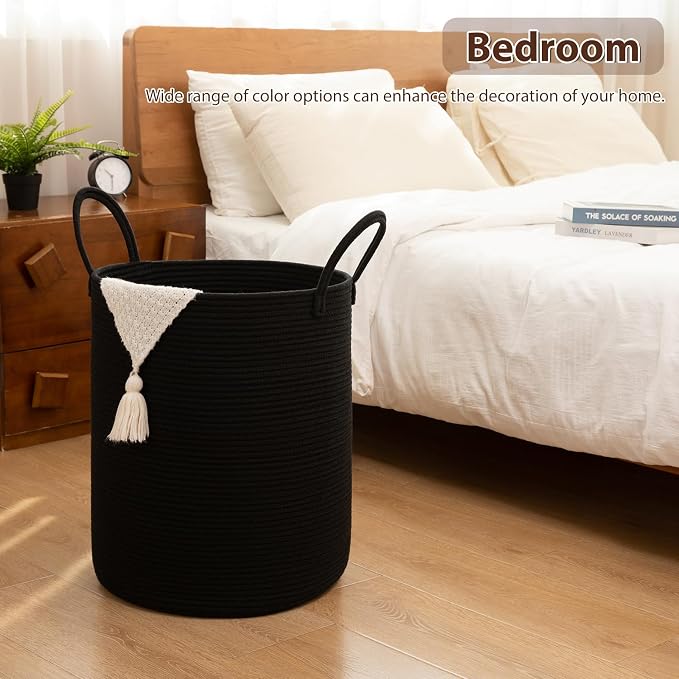 OIAHOMY Large Laundry Basket Hamper - 60L Cotton Rope Woven Basket for Blankets, Toys, Clothes - Tall Decorative Nursery Hamper with Long Handles, Black