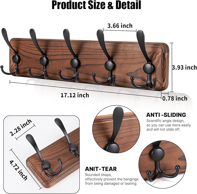 Gohiuo Rustic Wall Mount Coat Rack, Coat Hooks Wall Mount Wood Coat Rack with 5 Triple Hooks, Heavy Duty Wooden Wall Mounted Coat Hanger for Entryway, Farmhouse Hanging Coats, Hats, Bags,Towels