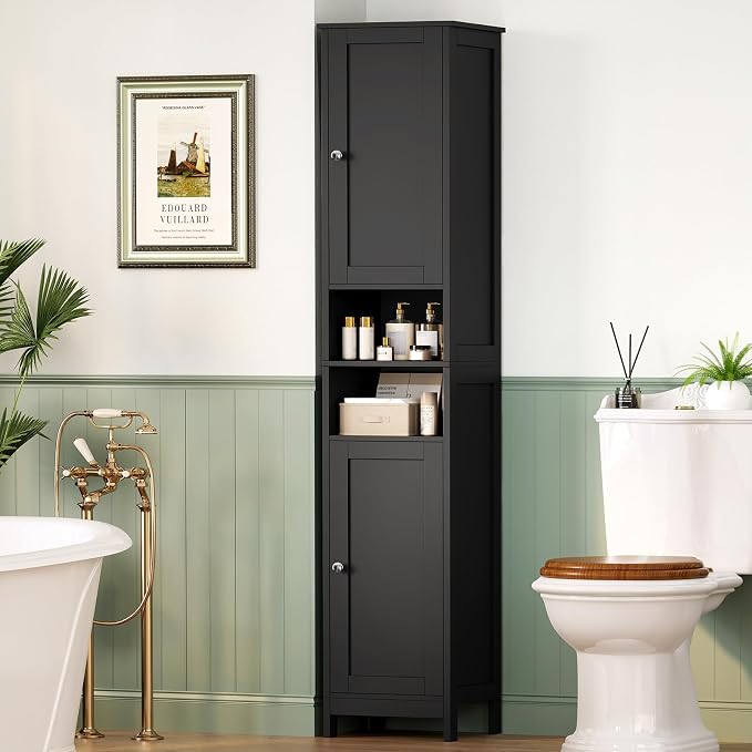 67" Tall Bathroom Cabinet with Adjustable Shelves and Doors | Narrow Bathroom Storage Cabinet for Small Space, Living Room, Entryway, Kitchen, Black