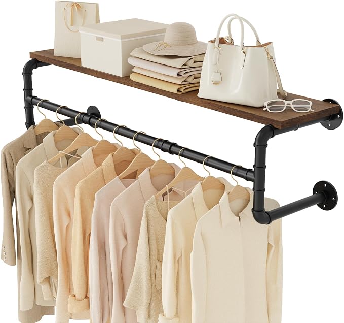 Yawinhe Industrial Pipe Clothing Rack with Shelves,Closet Rod,Rustic Brown | Heavy Duty Detachable Multi Purpose Hanging Rod ;Wall Mounted Rod;Clothing Garment Rail for Homes;Saving Space Clothes Bar