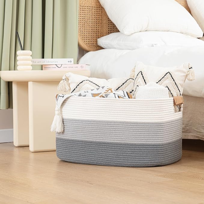danpinera Large Woven Basket 25’’*16’’*16’’ 108L Woven Baskets for storage Baby Laundry Hamper, Cotton Rope Boho Decorative Storage Bin for Living Room, Nursery, Clothes, Pillows Gradient Grey