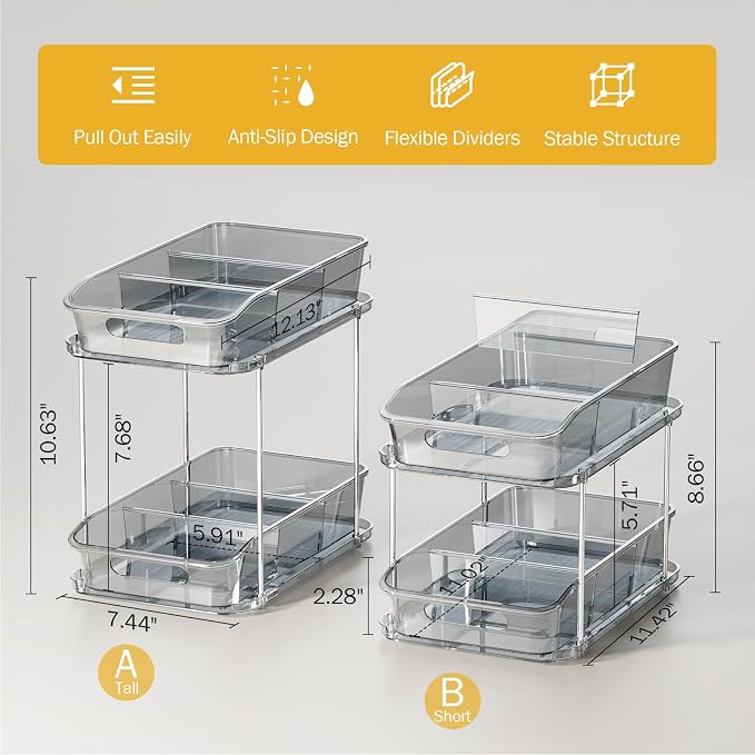 Delamu 2-Tier Under Sink Organizers and Storage, Multi-Purpose Stackable Bathroom Cabinet organizers, Pull Out Kitchen Pantry Organization and Storage with Dividers(2 Pack, Grey)