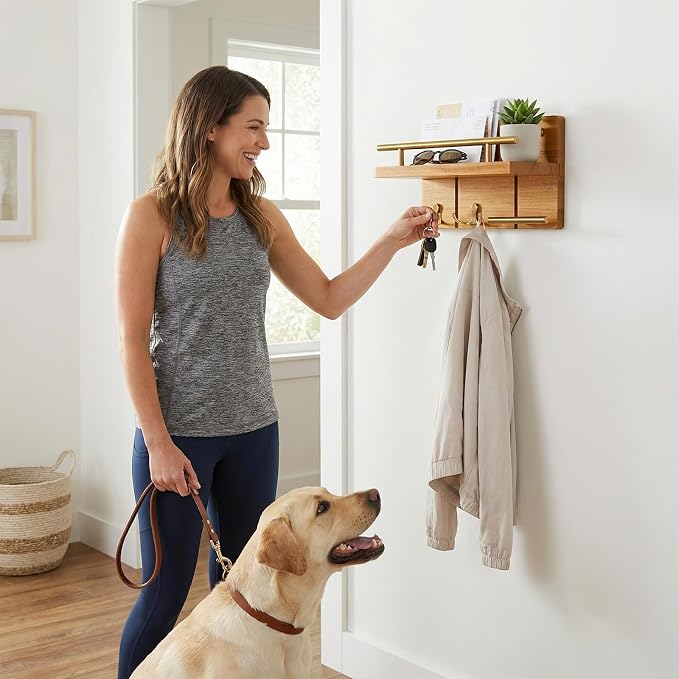 9.8” Solid Teak Wood Key Holder Wall Mount with Shelf and Hooks | Crafted from natural solid teak wood with unique grain patterns, bringing warmth and elegance to your entryway