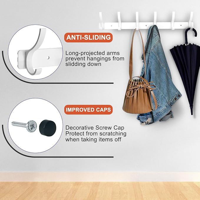 Coat Rack Wall Mounted,6 Coat Hooks for Hanging Coats,Heavy Duty Metal Double Hook Rack Hook Rail,Coat Rack with Hooks,Wall Mount Coat Hanger for Hat Towel Purse Robes (2 Pack White, 6 Hooks)