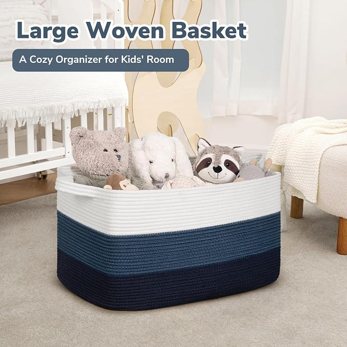 Goodpick Large Woven Rope Blanket Basket, Rectangle Storaget, Light Blue | 21.6 x 14.9 x 11.8 in, Reinforced Handles, Living Room, Bedroom & Nursery Organization, Toys, Books & Blanket Storage