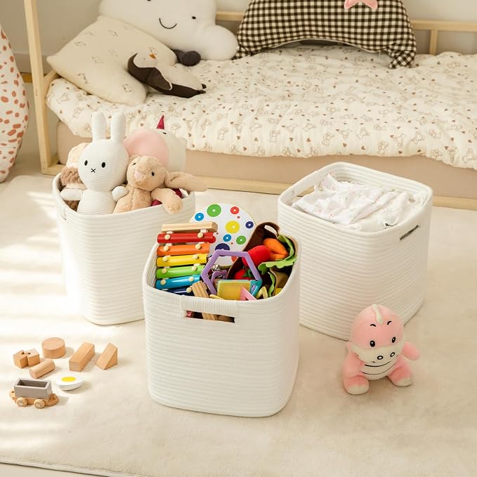 OIAHOMY Storage Cubes 11 Inch - 3 Pack, Cotton Rope Woven Baskets for Organizing, Square Storage Baskets for Shelves Organizer, Classroom, Kids Toy Bins, Closet, Baby Nursery-White