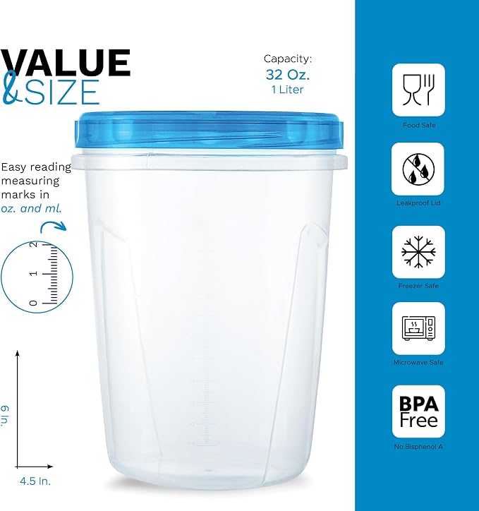 Tafura Freezer Containers, 6 Pack, 32 Oz, Leakproof BPA-Free Lids | Twist-top screw-on closures help prevent spills during storage, transport, and meal prep.