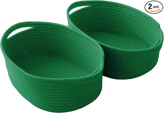 JMvicyroam Small Woven Basket, Empty Gift Basket, Green/2 Pack | Small Gift Basket, Cotton Rope, 12 x 8 x 19 in, Handles, Includes Ribbon and Bag, Birthday Gift Basket
