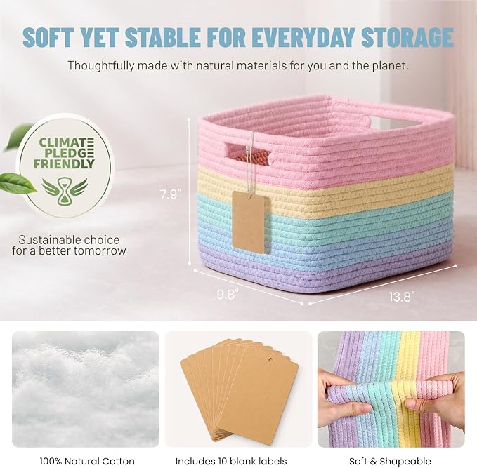 5 Pack Rainbow Woven Storage Baskets for Shelves, Decorative Toy Baskets Organizer for Kids Room, Nursery, Playroom, Classroom – Colorful Cotton Rope Toy Storage Bins for Organizing & Decor