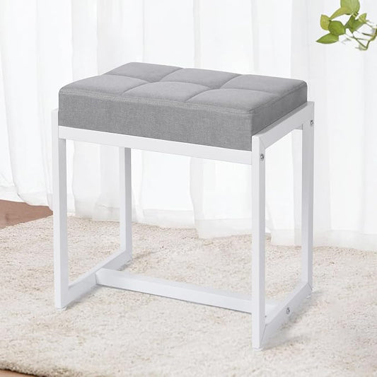 Vanity Stool, Vanity Chair Stools for Makeup Room, Square Linen Makeup Stool for Vanity, Modern Padded Small Ottomans Foot Rest for Bedroom Living Room, Grey & White