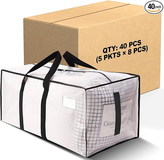 HOMESURE Supports 200lbs Heavy Duty Moving Bags - Strong Zipper & Wrap-Around Handles - Water-Resistant Storage Totes, Durable Alternative to Moving Boxes - 40 Pack - Semi-Transparent