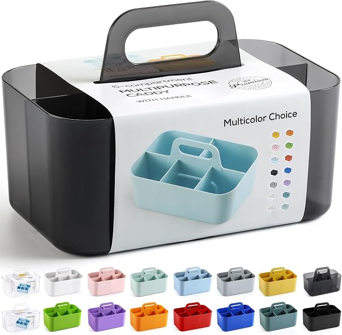 Multiuse Caddy Organizer with Handle, Portable Plastic Tote Bin - Art Craft, Stationary Pen Marker Crayons, Makeup Hair Supplies Storage - Bathroom, Classroom, Dorm, Office, Desk Holder - Clear Black