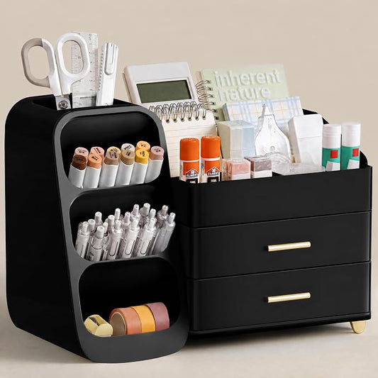 HBlife Desk Organizer with Pen Pencil Holder for Desk, Pen Organizer with 2 Drawers, Desk Organizers and Accessories with 4 Compartments, Desktop Storage for Office Home School Art Supplies, All Black