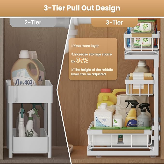 Under Sink Organizer and Storage 3 Tier Cabinet Pull Out Shelf Organizers | 2 Pack 3 Tier under sink storage for Bathroom and Kitchen Slide Out Drawer Organization for Home Cabinets Shelves and Drawers