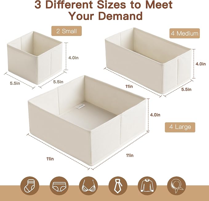 Criusia Drawer Organizer Clothes, 10 Pack Dresser Organizer for Baby Clothes, Underwear, Sock- Foldable Closet Organization and Storage Dividers Bins for Nursery, Bedroom (Oatmeal)