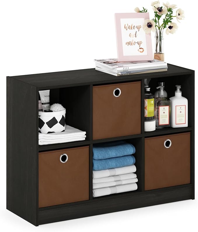 6-Cube Bookshelf with Storage Bins, Cube Bookcase, Book Shelf with Storage Bins, 11.9 x 31.6 x 23.6, for Living Room, Home Office, Espresso