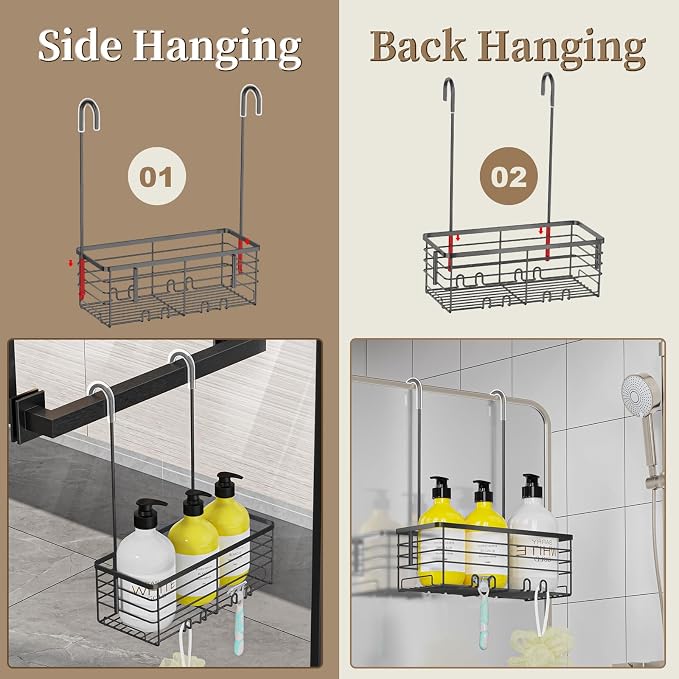 DELLAN Hanging Shower Rack, Shower Organizer Hanging for Bathroom, Black | Shower Rack with Hooks Over the Door, Bathroom Shower Caddy and Basket