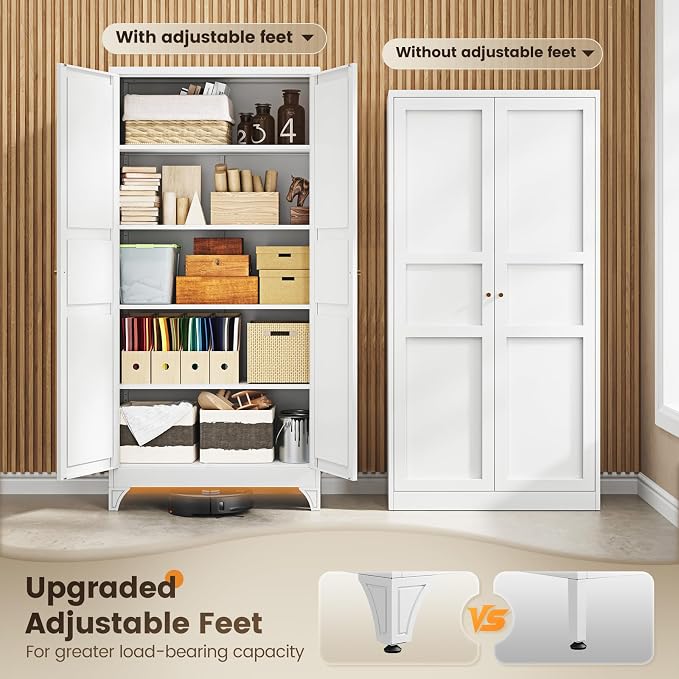 Yizosh Metal Storage Cabinet with 2 Doors and 4 Adjustable Shelves - 71" White Kitchen Pantry Storage 4-Tier Tall Steel Cabinets Locker for Kitchen, Living Room, Dining Room