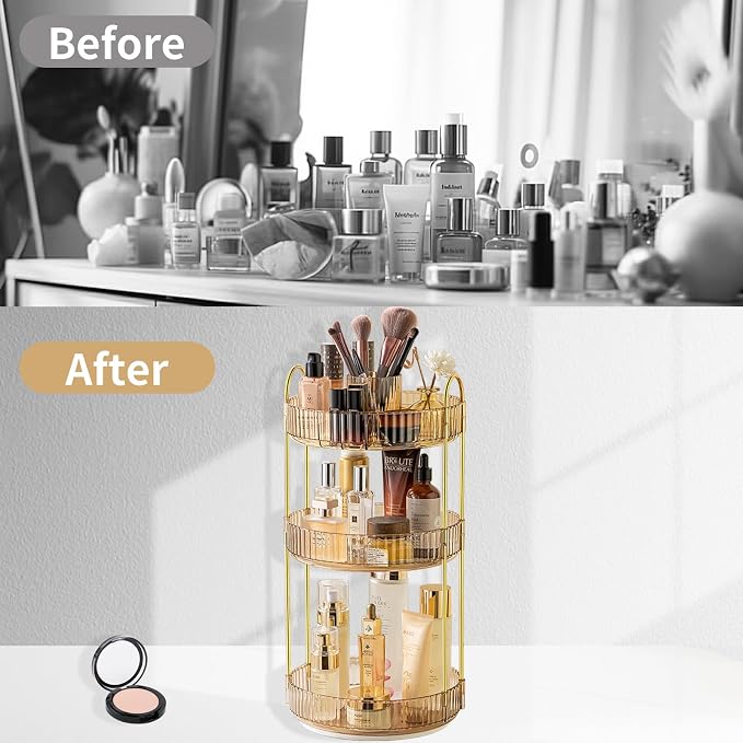 Asayuee 360 Rotating Makeup Organizer,3 Tier Large Capacity Make Up Organizers and Storage,Skincare Perfume Vanity Organizers,Bathroom Cosmetics Storage Organizer Countertop(Gold)