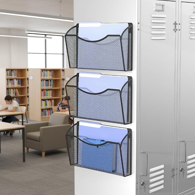 MINDEPOT Magnetic Wall File Organizer, Hanging File Holder, 3 Pack, Black | Heavy Duty Iron, Powerful Magnet, Metal Mesh Wall Mount, Single Pocket, for Office School Classroom Home, Letter A4 Size
