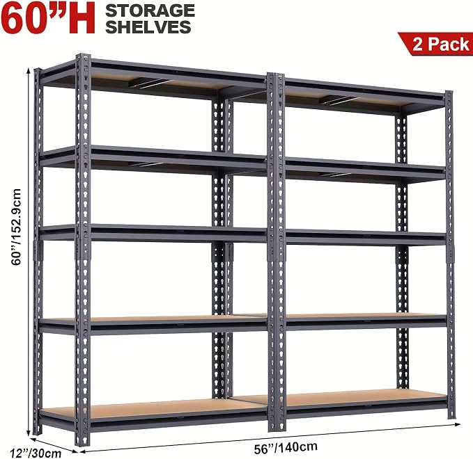 Garage Storage Shelves 2PCS, 60'' H Shelving Units and Storage, 2400 LBS Heavy Duty Shelving, Metal Garage Shelves for for Basement, Warehouse, Pantry, Closet, Kitchen 12" x 28'' x 60''