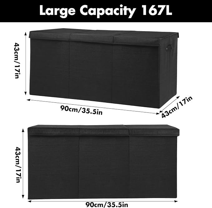 167L Large Toy Box Chest Storage with Lid, Collapsible Kids Toy Storage | Toy Chest with with Removable Divider for Kids, Boys, Girls, Nursery, Living Room, Bedroom, 35.5"x17" x17" (Linen Black)