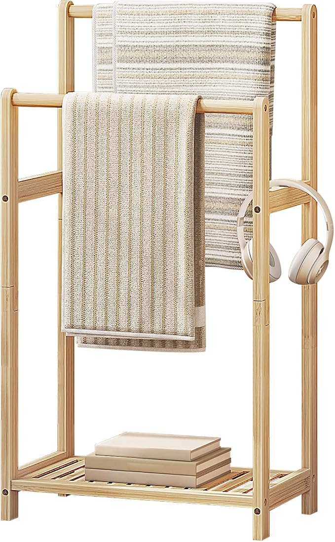 HOOBRO Freestanding Towel Rack for Bathroom, 2 Tier Decorative Bamboo Blanket Rack, Quilt Display Stand with Storage Shelf, 16.5" L x 9.4" W x 30.5" H, Bedroom, Living Room, Natural Color YL02LB01