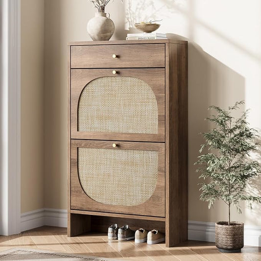 Nicetree Shoe Cabinet for Entryway, Slim Shoe Rack with 2 Flip Drawers and Top Storage Drawer, Narrow Shoe Organizer with Printed Rattan-Look Design, Entryway Shoe Storage for Size 12 Shoes, Caramel
