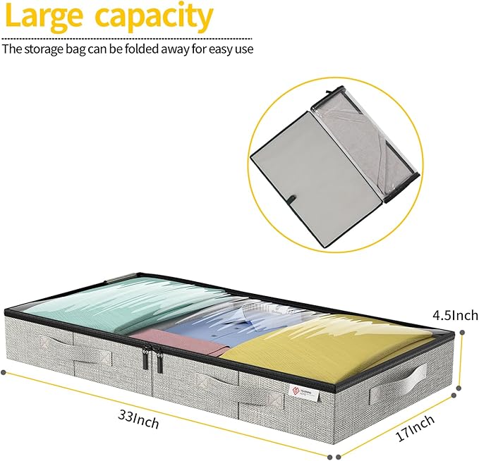 4.5 Inches Under Bed Storage Containers with Sturdy Sidewalls/Bottom and Reinforced Handles，Low Profile Underbed Storage for Clothes,Shoes,Pillows and Blankets with Zips and Clear Windows,2 Pack