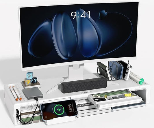 OImatser Monitor Stand Riser with USB 3.0 Hub & Type-C Port, Foldable Adjustable Computer Stand with Storage Drawer, Pen Slot & Phone Holder, Space Saving Laptop Stand for Home Office Desk Organization (White-3.0 HUB-Adapter)