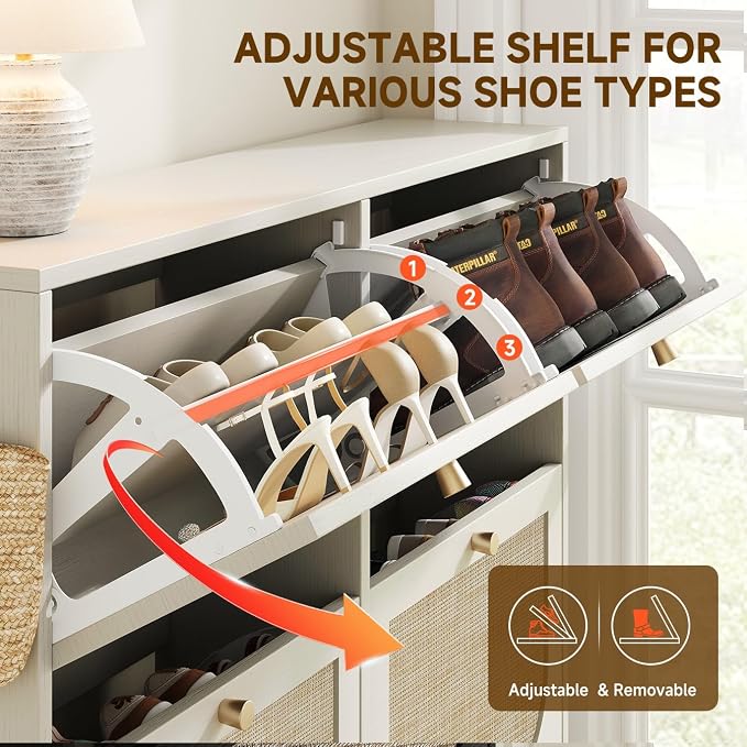 Nicetree Freestanding Ultra Slim Arched Rattan Accent Shoe Storage Cabinet for Entryway - 4 Flip Drawers & 3-Tier Adjustable Shelves, Farmhouse Modern Rustic Shoe Rack for Hallway Foyer,Cloud White