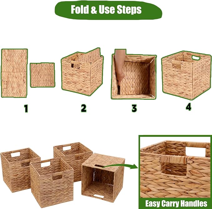 11x11in Storage Baskets 4 Pcs Square Baskets for Cube Shelf,Foldable Handwoven Water Hyacinth Storage Bins for Laundry Organizer