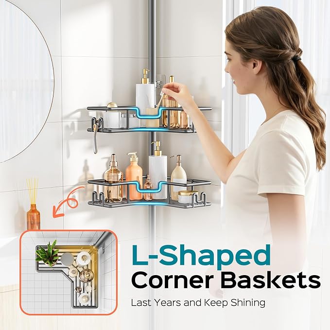 HAMITOR Adjustable Bathroom Storage, 4-Tier Tension Pole Shower Caddy, Gray | Rustproof Floor-To-Ceiling Tension Mounted Shampoo Organizer, No Drilling, Space-Saving Home Essentials For Renters 47-123in