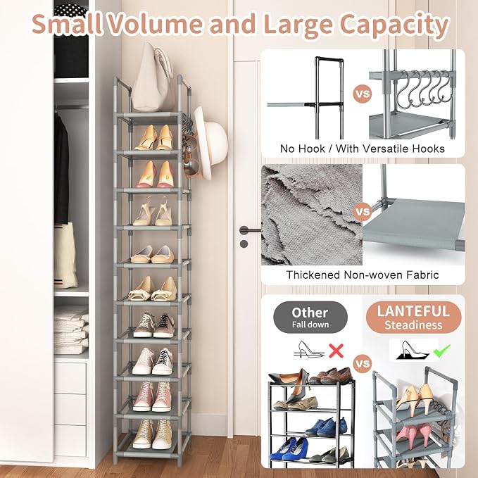 LANTEFUL Narrow Shoe Rack 10-Tier Tall Shoe Organizer Skinny Shoe Shelf Storage for 10-15 Pairs Shoe and Boot, Space Saving Corner Shoe Rack Organizer for Closet, Entryway, Living Room, Grey