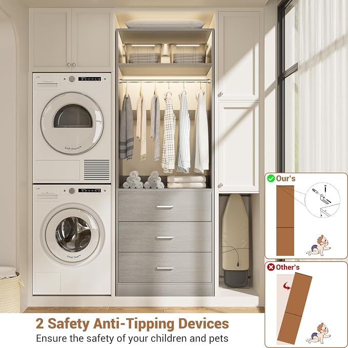 Besiost Freestanding 2FT Closet System with 3 Wood Drawers, 24" Closet Organizer System with Hanging Rod & Shelves, Walk-in Closet Systems for Small Closets, Grey (24"L x 15" W x 80" H)