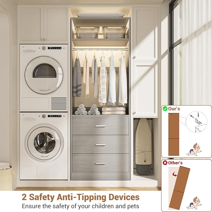Besiost Closet System Set of 2, 4FT Closet Systems with 6 Wood Drawers, 48" Closet Organizer System with 2 Hanging Rods & 2 Shelves, Heavy Duty 48 Inch Walk-in Closet, Grey (48"L x 15" W x 80" H)