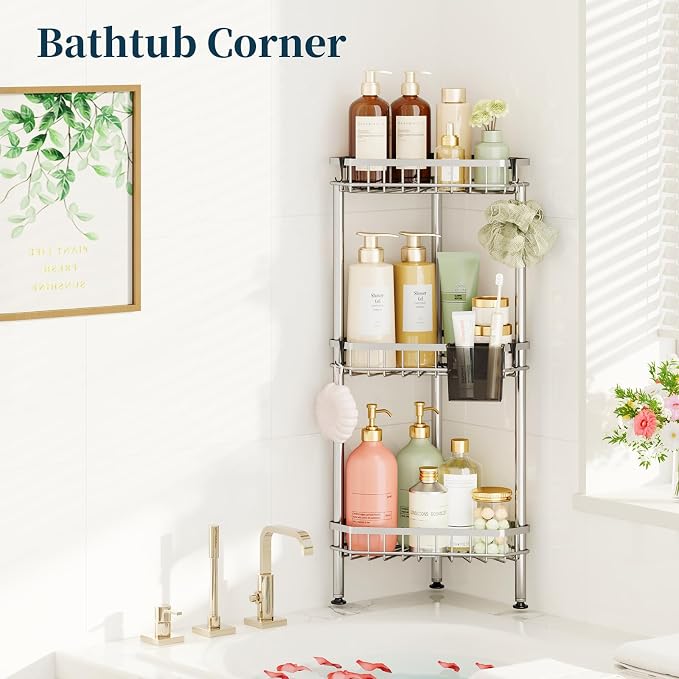 Consumest Corner Shower Caddy Stand - Rustproof Bathroom Organizer&Storage | 3 Tier Shower Shelves for Inside Shower, Stainless Steel Corner Shelf with Soap Holder, 4 Hooks, Brush Holder, Silver