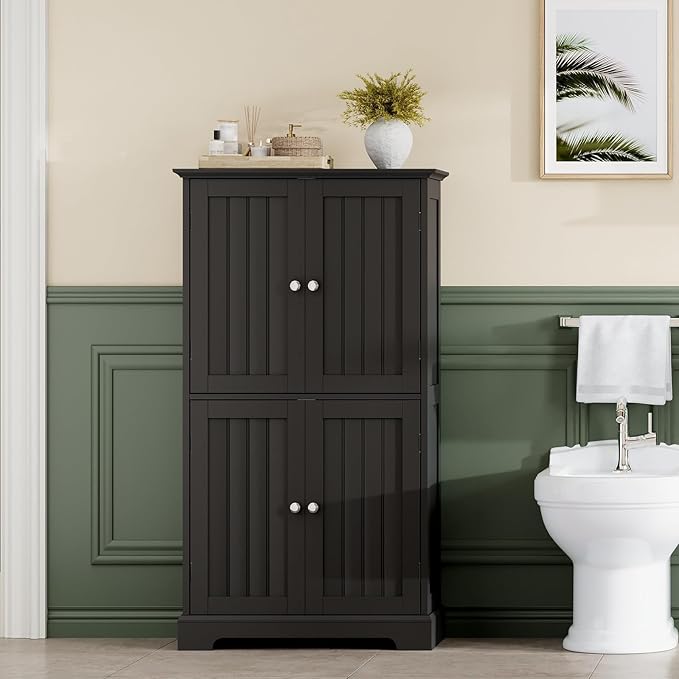 ChooChoo Bathroom Floor Cabinet with Adjustable Shelves | Bathroom Storage Cabinet, 4 Doors, Freestanding Cupboard for Living Room, Black