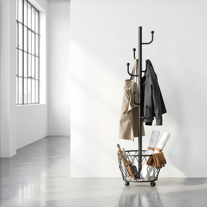 Black Moveable Cactus Metal Coat Rack with Basket Freestanding 65" | Modern Organizer for Scarf Jacket Hat Bags Ideal for Home Entryway Bedroom Corner Stable