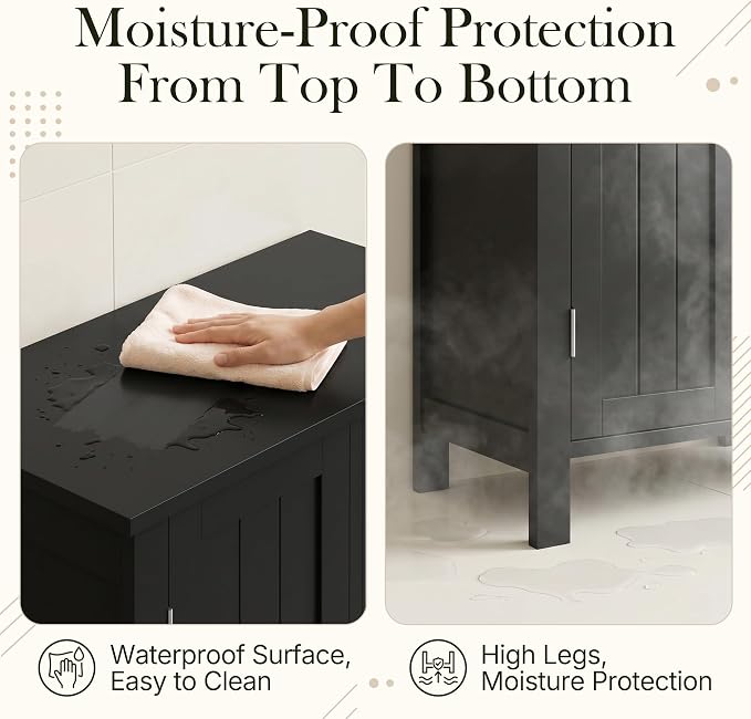 SUPER DEAL Modern Bathroom Floor Storage Cabinet with Adjustable Shelf and Double Door Rust Proof, Living Room Modern Home Furniture Storage Organizer Cabinet, Black