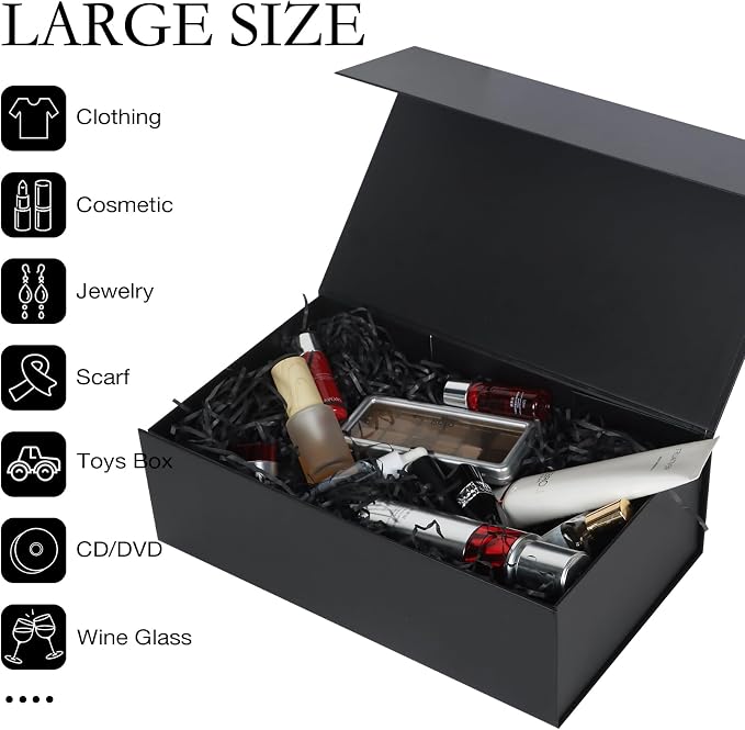 LFBOX Black Gift Box with Magnetic Lids 1 Pack | Large Bridesmaid Groomsman Proposal Boxes,13.8x8.3x4.4 in, Collapsible Rectangle Storage Box
